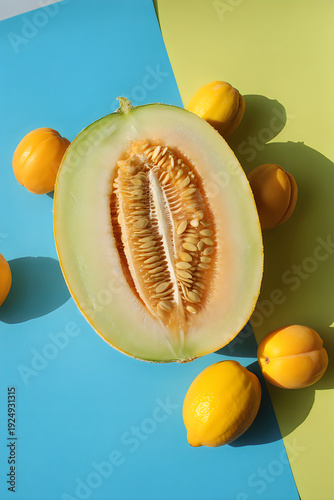 Fresh melon and apricots on colorful background