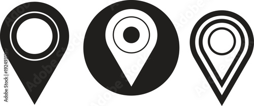 Three black and white map pin icons