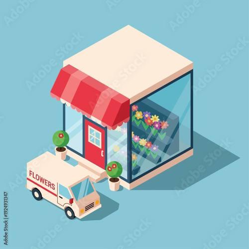Isometric illustration of a flower shop with a delivery van.