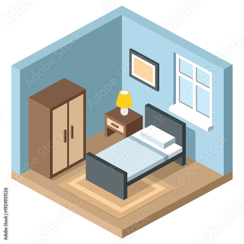 3D illustration of a serene blue bedroom with furniture.