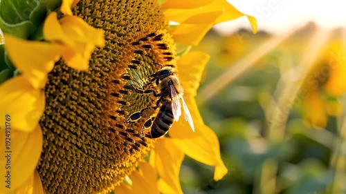 A bee collecting pollen from a sunflower in a field at sunrise from a close-up view
