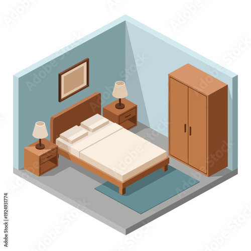 Isometric bedroom with bed, nightstands, lamps, wardrobe, and picture on wall.