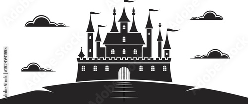 Medieval fantasy castle silhouette, fairy tale palace on hill with clouds isolated on white background storybook flat vector illustration