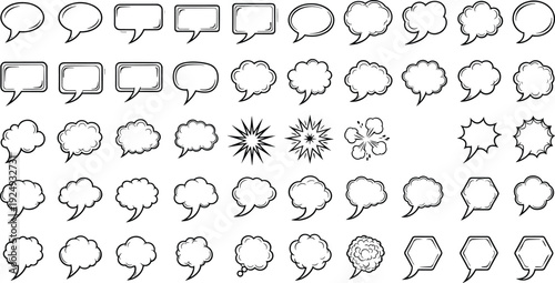 Set collection comic speech bubbles talk balloons thought clouds burst explosion shapes, black outline isolated elements transparent background for manga cartoon design, 2026
