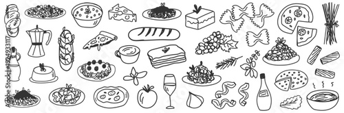 Foods and drinks doodle set. Collection of hand drawn edible and tasty bread cakes fruits pizza soup olive oil and drinks in glass and pot isolated on transparent background Free Vector