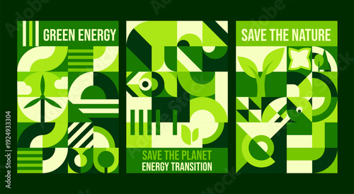 Save the nature posters with geometric bauhaus pattern. Environment pollution Bauhaus pattern vector card, planet Earth protection green artwork flyers. Sustainable ecology abstract forms posters