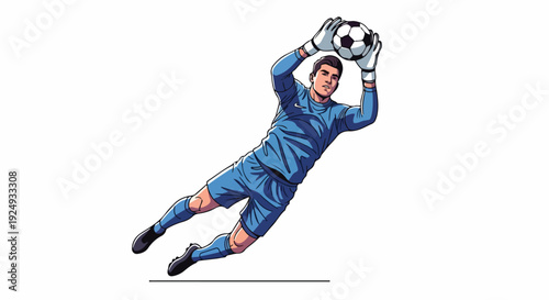 A soccer goalkeeper in a blue uniform jumping to catch a ball with white gloves on a plain white background.