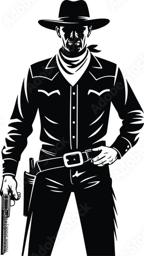 Black and white illustration of Western cowboy in classic outfit with hat, bandana, revolver, holster, and fringe pants for culture and Americana themes