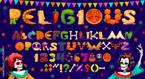 Mexican Day of the Dead font, Dia de los Muertos typeface letters of cartoon Mexico death holiday symbols. Day of Dead font english alphabet vector typography set with Catrina skulls and sombrero hats