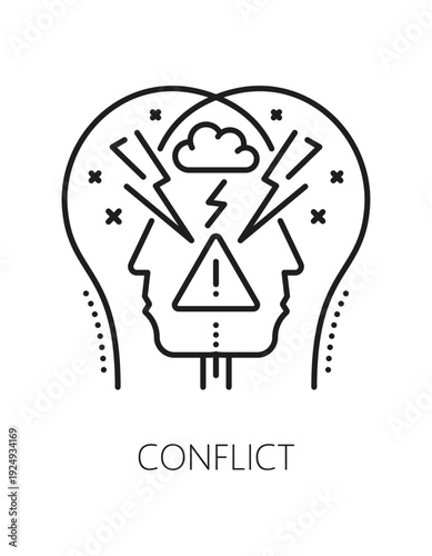 Conflict mental health, psychology line icon or pictogram. Mental health problem thin line vector pictogram, cognitive disorder symbol. Psychology icon with head silhouette and lightning bolts