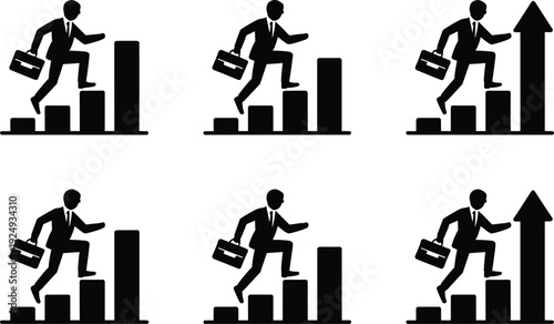 Businessman climbing bar chart with briefcase icon set representing career growth, financial success and professional progress isolated on white background
