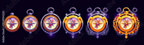 Sea compass game rank badge, wind rose award and progress medal, vector UI icons set. Cartoon vintage nautical compasses game level rank badges and winner awards with gold arrows, chains and anchors