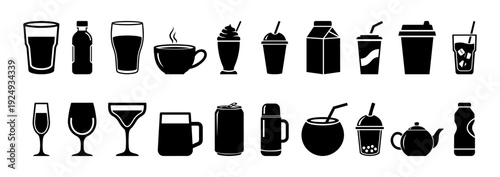 Beverage Drink Icons Black Silhouette Set – Coffee, Tea, Soda, Cocktail and Bottle Vector Collection.