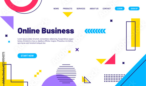 Business landing page template with geometric memphis pattern vector elements. Abstract modern shapes motif web banner background. Minimal memphis ornament landing web page with circle, squares, lines