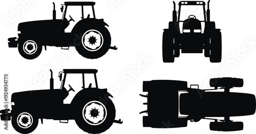 Agricultural tractor silhouette set, farm vehicle side front top views isolated vector illustration on white background