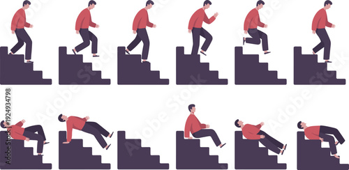 Illustration of man falling down stairs in sequential stages wearing red shirt and dark pants, symbolizing accident, hazard, danger, and safety awareness themes