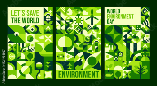 Environment posters with geometric Bauhaus pattern. Nature ecosystem protection graphic Bauhaus abstract shapes vector banner. Ecology, environment saving posters, flyers with green geometric pattern