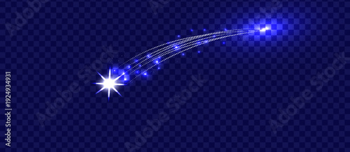 Blue glowing shooting star trail vector illustration with sparkling light streak magical comet effect isolated transparent background