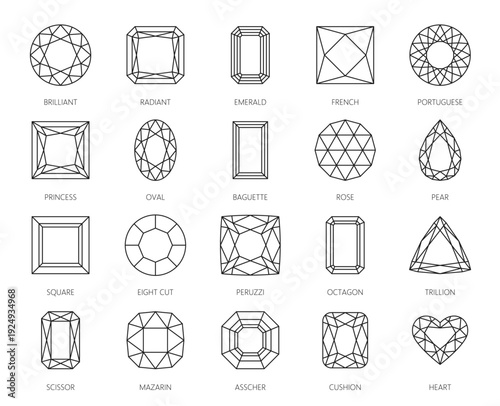 Diamond cut shapes, gemstone and jewelry luxury brilliant line icons. Vector outline gem stone diagrams of diamond cuts with heart, emerald and brilliant, square, oval, marquise and princess shapes