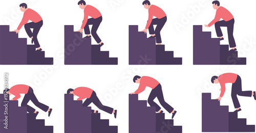 Illustration of person climbing stairs in sequential stages wearing red top and dark pants, symbolizing perseverance, determination, progress, and achievement for motivational themes