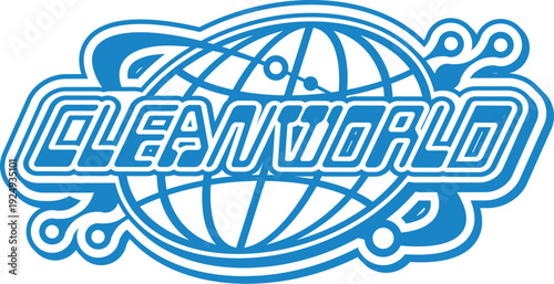 Clean world blue globe vintage Y2K icon or emblem. Earth sphere mesh 70s vector sign, globe wireframe Y2K emblem. Network globus icon with futuristic typography text, computer motherboard traces