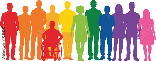 Diverse people silhouette group, inclusive community with wheelchair user isolated on white background equality concept flat vector illustration