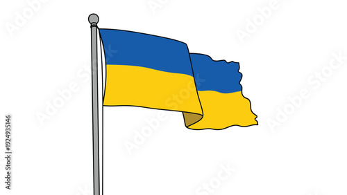 National flag of ukraine with its blue and yellow horizontal stripes waving on a flagpole against a plain white background.