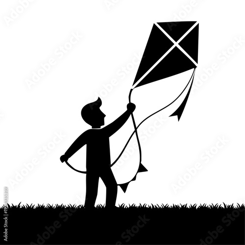 Young boy standing on grassy field flying a kite on a windy day illustration