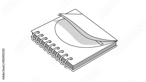 Spiral bound notebook with a white cover and a partially turned page showing its internal structure in greyscale design.