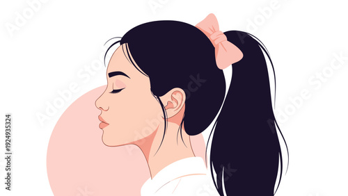 Beautiful young woman with long dark hair tied in a ponytail with a pink bow shown in a side profile illustration.