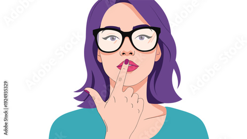 Fashionable woman with bright purple hair and glasses holding a finger to her lips in a shushing gesture for silence.