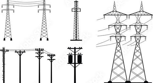 Electric power line tower silhouettes, high voltage transmission poles and transformers isolated on white background industrial energy flat vector illustration