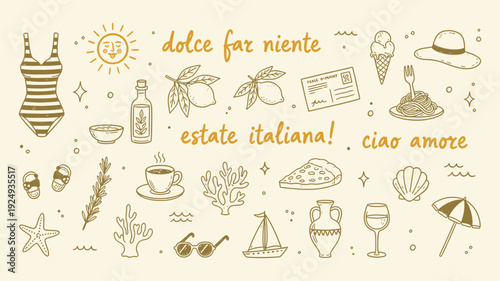 Italian style vacation hand drawn vector illustrations in grunge chalk or charcoal rough doodle sketch style. Crayon drawing for menus and invitations