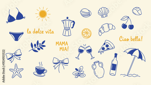 Italian style vacation hand drawn vector illustrations in grunge chalk or charcoal rough doodle sketch style. Crayon drawing for menus and invitations