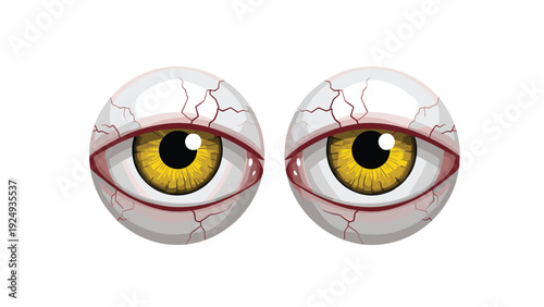 Pair of large yellow eyeballs with red veins and black pupils looking forward on a clean white background for horror themes.