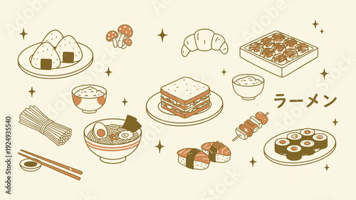 Different Japanese meals hand drawn asian food. Udon noodles, sushi nigiri, maki with fish, onigiri, tonkotsu ramen, shrimp tempura, miso soup