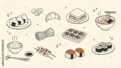 Different Japanese meals hand drawn asian food. Udon noodles, sushi nigiri, maki with fish, onigiri, tonkotsu ramen, shrimp tempura, miso soup