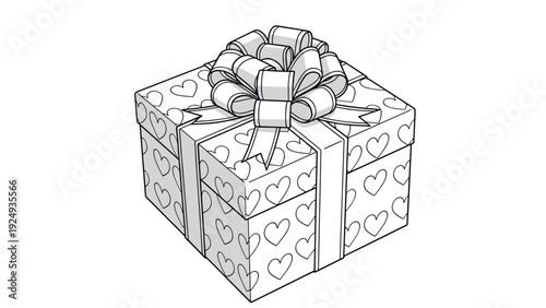 Beautifully wrapped gift box with a large ribbon bow and heart patterns shown in a detailed greyscale line art drawing.