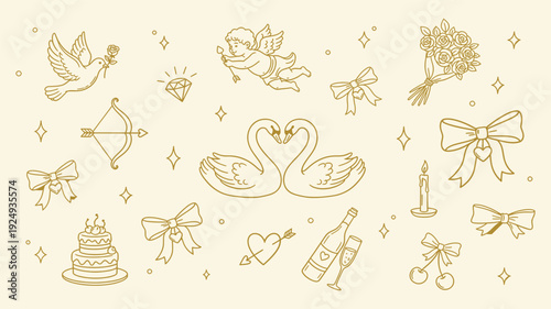 Cute Valentine Day and wedding hand drawn elements set with hearts, bows, cakes and drinks. Vector illustration isolated on white