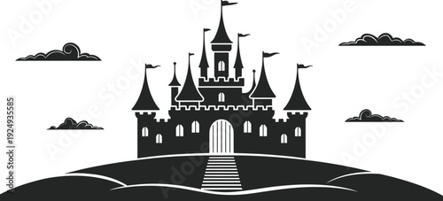 Fairy tale castle silhouette, fantasy medieval palace on hill with clouds isolated on white background storybook flat vector illustration