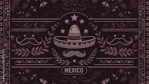 Elegant Mexican themed ornament pattern in dark shades featuring a large sombrero, stars, mustaches, and decorative leaves.