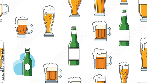 Seamless pattern of different beer mugs, glasses, and bottles filled with golden liquid and white foam on white background.