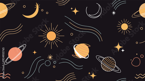 Seamless space pattern with orange suns, moons, planets with rings, and twinkling stars on a dark black background.