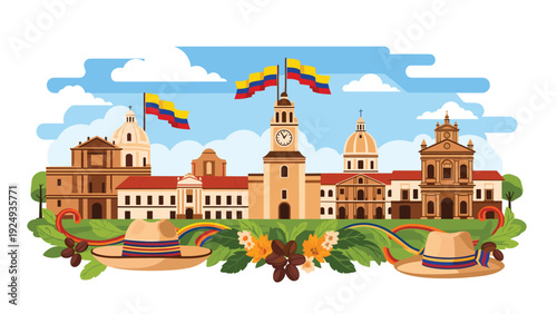 Beautiful illustration of the Cartagena city skyline with historical buildings and Colombian flags under a blue sky.