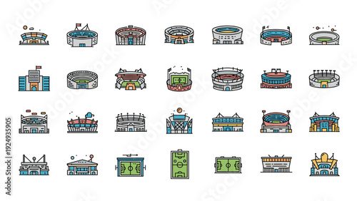 Extensive set of flat stadium icons showing various sports arenas, football fields, and baseball parks from different views.