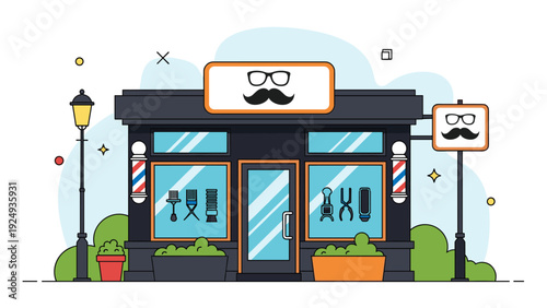 Charming barber shop storefront with dark blue walls, orange accents, striped poles, and window displays on a city street.