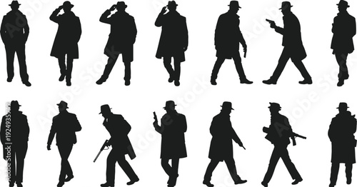 Gangster and detective silhouette collection, vintage noir men with guns in trench coat isolated on white background, flat vector illustration