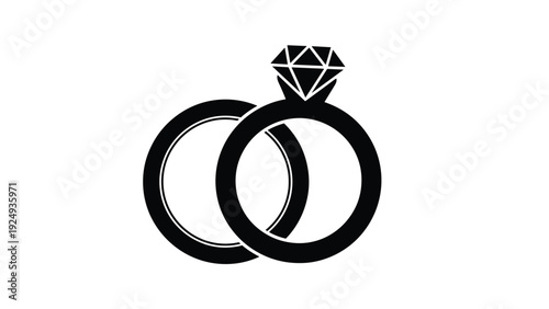 Black silhouette of two interlocking wedding rings with a large diamond on one band symbolizing marriage and engagement.