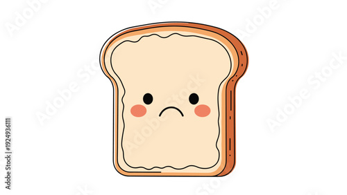 Cute cartoon illustration of a slice of white bread with a sad face featuring big eyes and rosy cheeks for emotional expression.