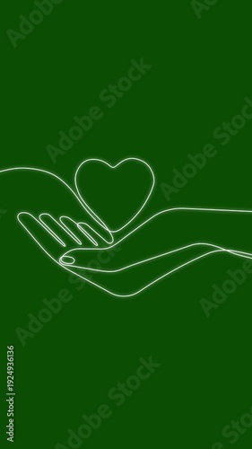 Animated self drawing of continuous line draw of hands holding heart. Concept of love relationship and volunteer organization.4k